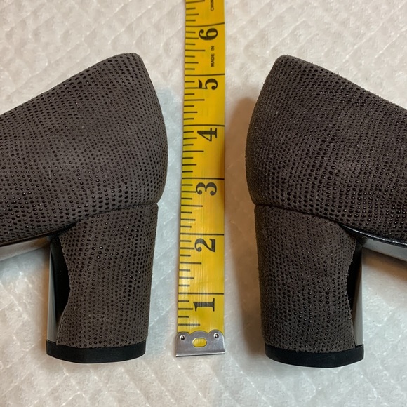 Stuart Weitzman Textured Block Heel Pump, Taupe Brown, Chrome Accents, Size 6.5M - Picture 13 of 14